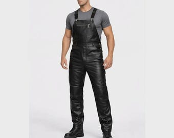メンズ ブラック 本革 バイカー オーバーオール、ハンドメイド ダンガリー ワークウェア ジャンプスーツ