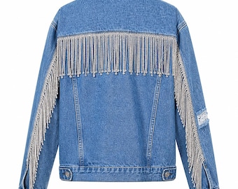 Jeansjacke mit Strassfransen für Damen, Western-Cowgirl-Jeansmantel, glitzernder Konzert-Style