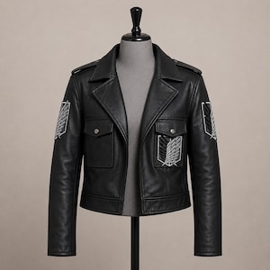 K&ouml;nnte beinhalten: Eine schwarze Lederjacke mit breitem Kragen, zwei Brusttaschen mit silbernen Druckkn&ouml;pfen und gestickten Fl&uuml;gel-Emblemen auf beiden Schultern sowie auf der linken Brusttasche. Die Jacke wird auf einem Schaufensterpuppen-Torso pr&auml;sentiert.