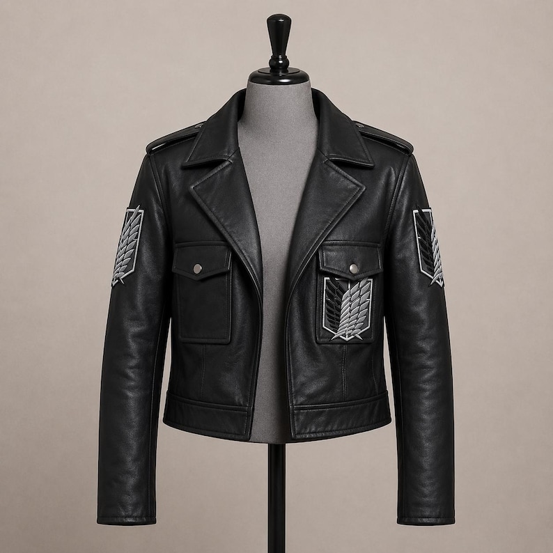 K&ouml;nnte beinhalten: Eine schwarze Lederjacke mit breitem Kragen, zwei Brusttaschen mit silbernen Druckkn&ouml;pfen und gestickten Fl&uuml;gel-Emblemen auf beiden Schultern sowie auf der linken Brusttasche. Die Jacke wird auf einem Schaufensterpuppen-Torso pr&auml;sentiert.