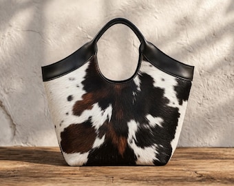Handgefertigte Hair-on Rindsleder Tragetasche: Westerntasche (36 cm x 30 cm)
