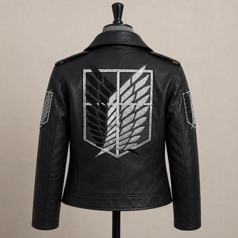 K&ouml;nnte beinhalten: Eine schwarze Lederjacke mit einem gro&szlig;en gestickten Emblem auf dem R&uuml;cken und kleineren passenden Emblemen auf jeder Schulter. Das zentrale Motiv zeigt einen Schild mit zwei &uuml;berlappenden Fl&uuml;geln, einem schwarzen und einem silbernen, sowie einer vertikalen Linie.