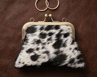 Echte Rindsleder Mini Clutch Bag, Hair-On Leder Kiss Lock Beutel, Brieftasche im Western Style