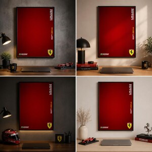 Pode incluir: Um cartaz de parede retangular com um fundo vermelho profundo, o texto branco Ferrari, o texto vertical SF-24 e o logótipo amarelo do cavalo empinado da Ferrari no canto inferior. O cartaz é exibido numa moldura preta fina na parede.
