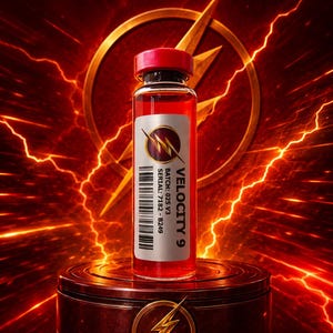 May include: A clear glass vial filled with red liquid, topped with a red cap. The label reads VELOCITY 9, BATCH: 02S V3, SERIAL: 7182 - B249, and features a lightning bolt emblem. The vial is positioned against a background with lightning.