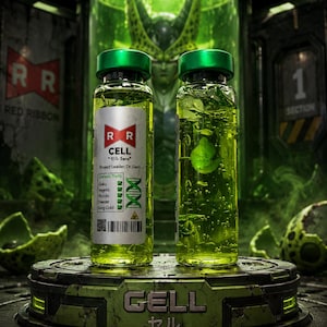 Op de afbeelding: Twee doorzichtige glazen flesjes gevuld met een felgroene vloeistof, elk met een metallic groene dop. Het linkerflesje heeft een wit etiket met het Red Ribbon-logo, de tekst "CELL", "Project Leader: Dr. Gero" en een lijst met genetische eigenschappen.