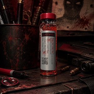 Può includere: Una fiala di vetro trasparente riempita di liquido rosso, con un tappo rosso. L'etichetta riporta la scritta CLASSIFIED, MGH SERUM, Project Lead: Ajax, Subject: Wade Wilson, Alias: Dead Pool, un codice QR e Lot: 22042/2286.