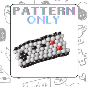 May include: A beaded bracelet with a pixelated design, featuring white, black, and red beads. The text "PATTERN ONLY" is displayed above the bracelet in a pixelated font. The background includes gaming-themed doodles.