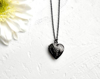 Tiny Black Heart Locket Necklace