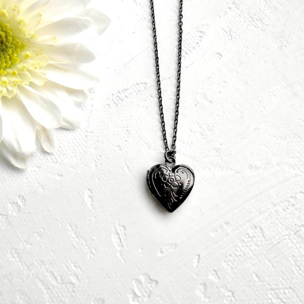 Tiny Black Heart Locket Necklace