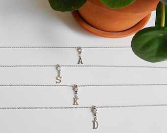 Silver Initial Necklace with Rhinestone / Extender with Rhinestone / Personalized Necklace / Adjustable Lengths / Letter Necklace