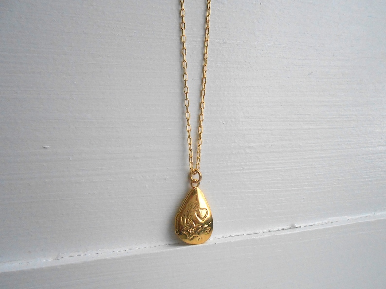 Tiny Teardrop Locket Necklace Engraved Floral Heart | Etsy