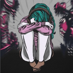 May include: Pop art style illustration of a person in a seated position, head in knees. The figure wears a pink top, white trousers, and brown shoes. The hair is teal and the background is grey with blurred pink and black shapes.