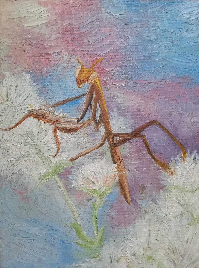 Praying Mantis Oil Painting Print | Soft Pastel Impressionist Insect ...