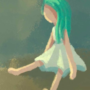 May include: An illustration of a doll-like figure with green hair and a white dress. The figure is seated with legs extended, and the background is a muted green and brown.