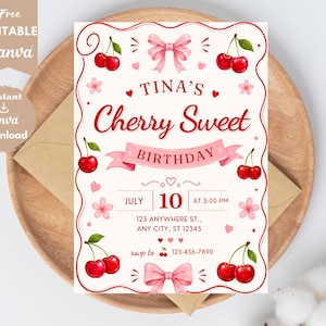 May include: A rectangular birthday invitation card featuring a cream background with red cherry illustrations, pink bows, and small hearts. The text reads TINA'S Cherry Sweet BIRTHDAY, JULY 10 AT 3:00 PM, 123 ANYWHERE ST., ANY CITY, ST 12345, and rsvp to 123-456-7890.
