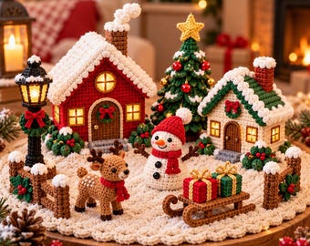 May include: A crochet Christmas village scene featuring a red house with a white roof, a green house with a white roof, a decorated Christmas tree, a snowman, a reindeer, a street lamp, and a wooden sled carrying two small wrapped gifts.