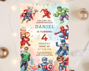 Bewerkbare verjaardagsuitnodiging superhelden, Avengers-thema (canvasjabloon, digitale download)