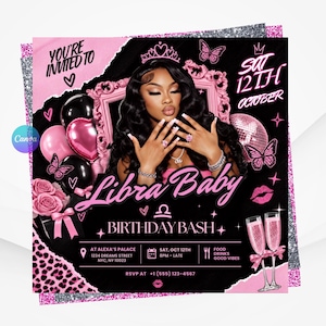 Pink Libra Birthday Flyer, Birthday Szn Flyer, Libra Invitation Flyer, Libra Birthday Event, Social Media Flyer, Premade Flyer Template