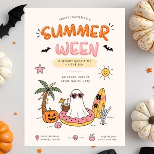 May include: A rectangular invitation card with a cream background featuring the text SUMMER WEEN, a ghost wearing heart-shaped sunglasses in a pink donut floatie, a palm tree, a surfboard, a jack-o'-lantern, and a skeleton hand making a rock sign.