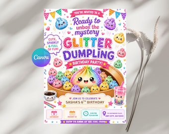 May include: A birthday party invitation featuring colorful cartoon dumplings with faces in a bamboo steamer. Text reads: You're invited to a Ready to unbox the mystery GLITTER DUMPLING BIRTHDAY PARTY! Join us to celebrate Sasha's 6th birthday.
