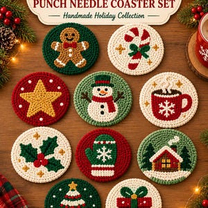 May include: A 10-piece punch needle coaster set featuring circular designs with Christmas motifs including a gingerbread man, candy cane, star, snowman, mug, holly, mitten, house, tree, and gift box, with text reading 10 PIECE CHRISTMAS PUNCH NEEDLE COASTER SET.