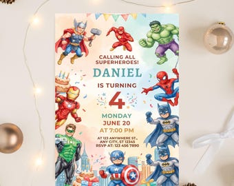Editable Superheroes Birthday Invitation, Avengers Theme (Canva Template, Digital Download)