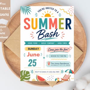 May include: A rectangular party invitation card with a white background featuring colorful text that reads "YOU'RE INVITED TO A SUMMER BASH," "GOOD FOOD, GREAT COMPANY, GOOD TIMES," "SUNDAY JUNE 25," "Come join the fun!," "NOON TO 7:00 PM," and "RSVP TO EMMA AT (123) 456-7890."