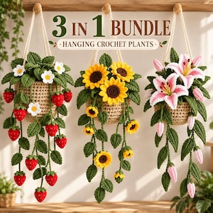 3 in 1 Hanging Crochet Plants Pattern, Wall Decoration, Car Mirror Decor, Strawberry Sunflower Lily Pot,Flower Plant PDF