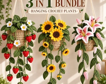 May include: Three hanging crochet plants in a bundle. The left features red strawberries and white flowers. The center displays yellow sunflowers. The right shows pink and white lilies. Each plant is in a tan basket with the text 3 IN 1 BUNDLE.