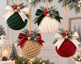 May include: Four spherical crochet ornaments hanging from twine. The ornaments are dark green, cream, tan, and red. Each features a decorative bow, artificial pine needles, small red berries, a gold glitter ball, and a tiny pinecone.