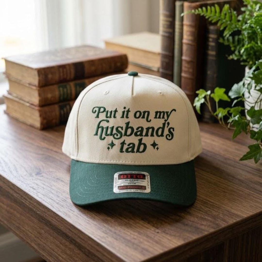 Put It On My Husbands Tab Embroidered Hat: Two Tone Baseball Cap, Sarcastic Wife Gift - Black/Natural, Black