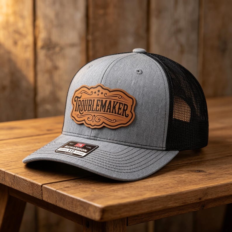 Troublemaker Leather Patch Hat, Richardson 112 Western Trucker Cap For Men And Women imagem 3