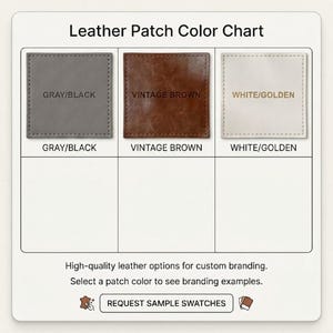 Pode incluir: Uma tabela de cores de remendos de couro exibindo tr&ecirc;s remendos quadrados rotulados como Gray/Black, Vintage Brown e White/Golden. A tabela inclui o texto High-quality leather options for custom branding. Select a patch color to see branding examples e um bot&atilde;o com o r&oacute;tulo REQUEST SAMPLE SWATCHES.