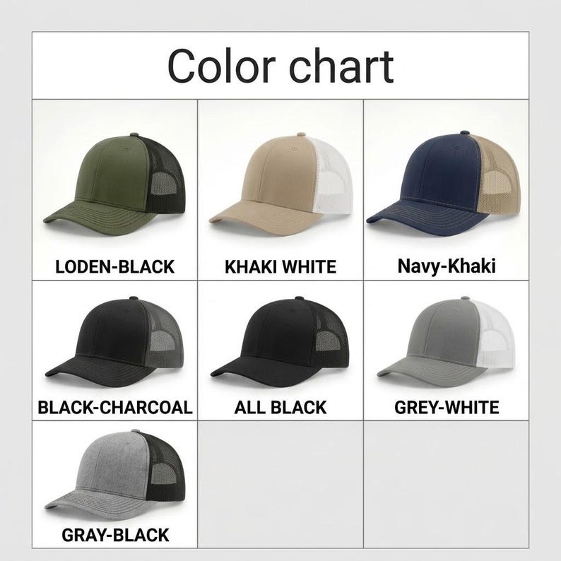 Pode incluir: Uma tabela de cores exibindo sete bon&eacute;s de beisebol com parte traseira em tela. Os bon&eacute;s est&atilde;o rotulados como Loden-Black, Khaki White, Navy-Khaki, Black-Charcoal, All Black, Grey-White e Gray-Black, mostrando v&aacute;rias combina&ccedil;&otilde;es de cores.
