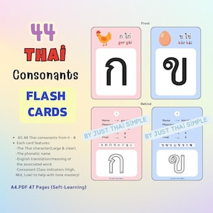 Könnte beinhalten: Ein Set aus 44 Thai-Konsonanten-Lernkarten mit großen Schriftzeichen, phonetischen Namen und englischen Übersetzungen. Die Karten zeigen ein Huhn- und Ei-Symbol sowie Vorder- und Rückseiten mit Strichfolge-Anleitungen und dem Text BY JUST THAI SIMPLE.