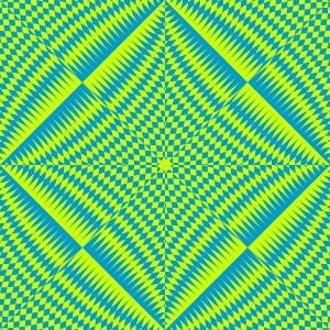Könnte beinhalten: Abstraktes geometrisches Muster in quadratischem Format. Das Design zeigt ein sich wiederholendes Muster aus Rauten und Dreiecken in leuchtenden Gelbgrün- und Türkisblautönen, wodurch ein visuell dynamischer Effekt entsteht.