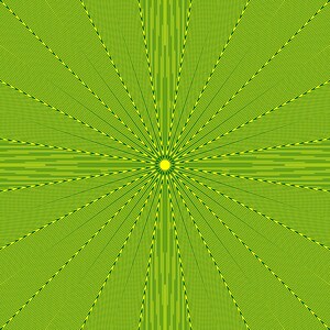 Könnte beinhalten: Abstraktes geometrisches Design mit einem radialen Muster aus grünen und gelben Linien. Die Linien konvergieren zu einem zentralen gelben Kreis und erzeugen einen Sternburst-Effekt. Das Design ist symmetrisch und visuell auffällig.