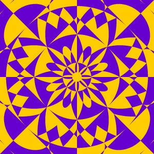 May include: A vibrant abstract pattern in yellow and purple. The design is composed of geometric shapes and a central floral motif. The contrasting colours create a dynamic visual effect, ideal for decorative purposes or artistic projects.