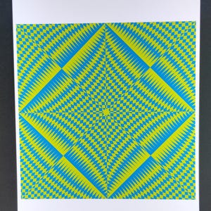 May include: A geometric art print with a striking pattern of blue and yellow diamond shapes. The design uses repeating diagonal lines and small squares, creating an optical illusion on a white background.