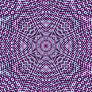 Könnte beinhalten: Abstrakte digitale Kunst mit einem sich wiederholenden Muster aus Rauten in einem radialen Design. Das Farbschema zeigt einen tiefvioletten Hintergrund mit einem hellblauen Gitter-Overlay, das einen faszinierenden visuellen Effekt erzeugt. Das Design hat einen zentralen Fokus.