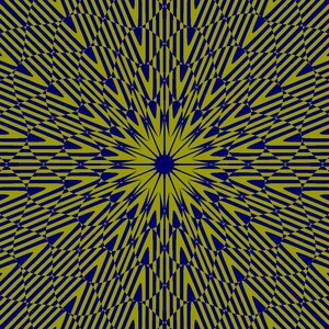 May include: Abstract geometric pattern in navy blue and olive green. The design features a central starburst motif, with radiating lines and shapes. The pattern creates a sense of depth and movement, with a dark blue centre.