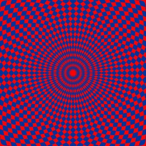May include: An abstract design with a repeating pattern of red and blue squares. The squares are arranged in a concentric, radiating pattern, creating a visual illusion. The design has a striking colour scheme.