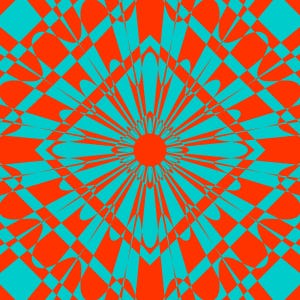 May include: Abstract geometric pattern in a repeating design. The image features a central orange circle with turquoise and orange shapes and lines radiating outwards. The overall effect is a vibrant, eye-catching composition.
