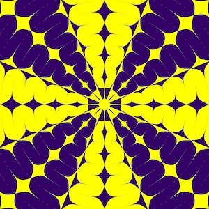 Pode incluir: Design geométrico abstrato com um padrão radial. A imagem apresenta um esquema de cores vibrantes de amarelo e roxo profundo. O design é composto por formas repetidas de estrelas e ondas, criando um efeito visual dinâmico.