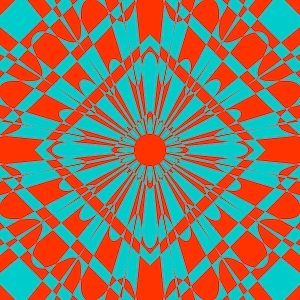 May include: Abstract geometric pattern in a repeating design. The image features a central orange circle with turquoise and orange shapes and lines radiating outwards. The overall effect is a vibrant, eye-catching composition.