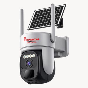 May include: A white and black security camera with a solar panel and two antennas. The camera has a lens and four small lights. The text "IMPERIAL TECHNOLOGIES" is printed on the camera.