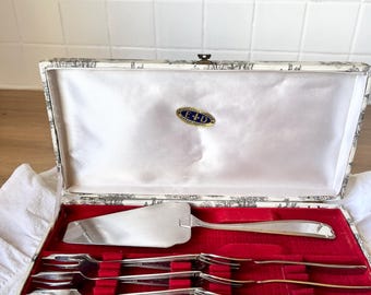 Vintage French Stainless Steel Cake Server Set with Forks, Deruelle Inoxluxe Dessert Flatware