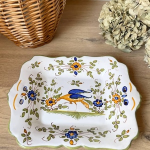 Piatto da portata vintage francese in maiolica dipinta a mano con motivo a uccelli - Vassoio rettangolare in ceramica con decorazioni floreali