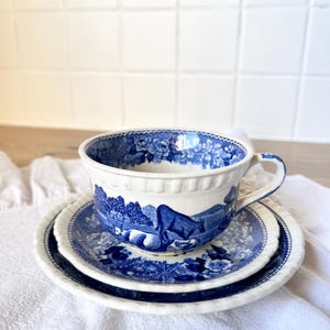 Puede incluir: Juego de taza y platillo de cerámica azul y blanco. La taza y el platillo presentan un diseño detallado de paisaje. El juego está colocado sobre un paño blanco, con un fondo de azulejos blancos.